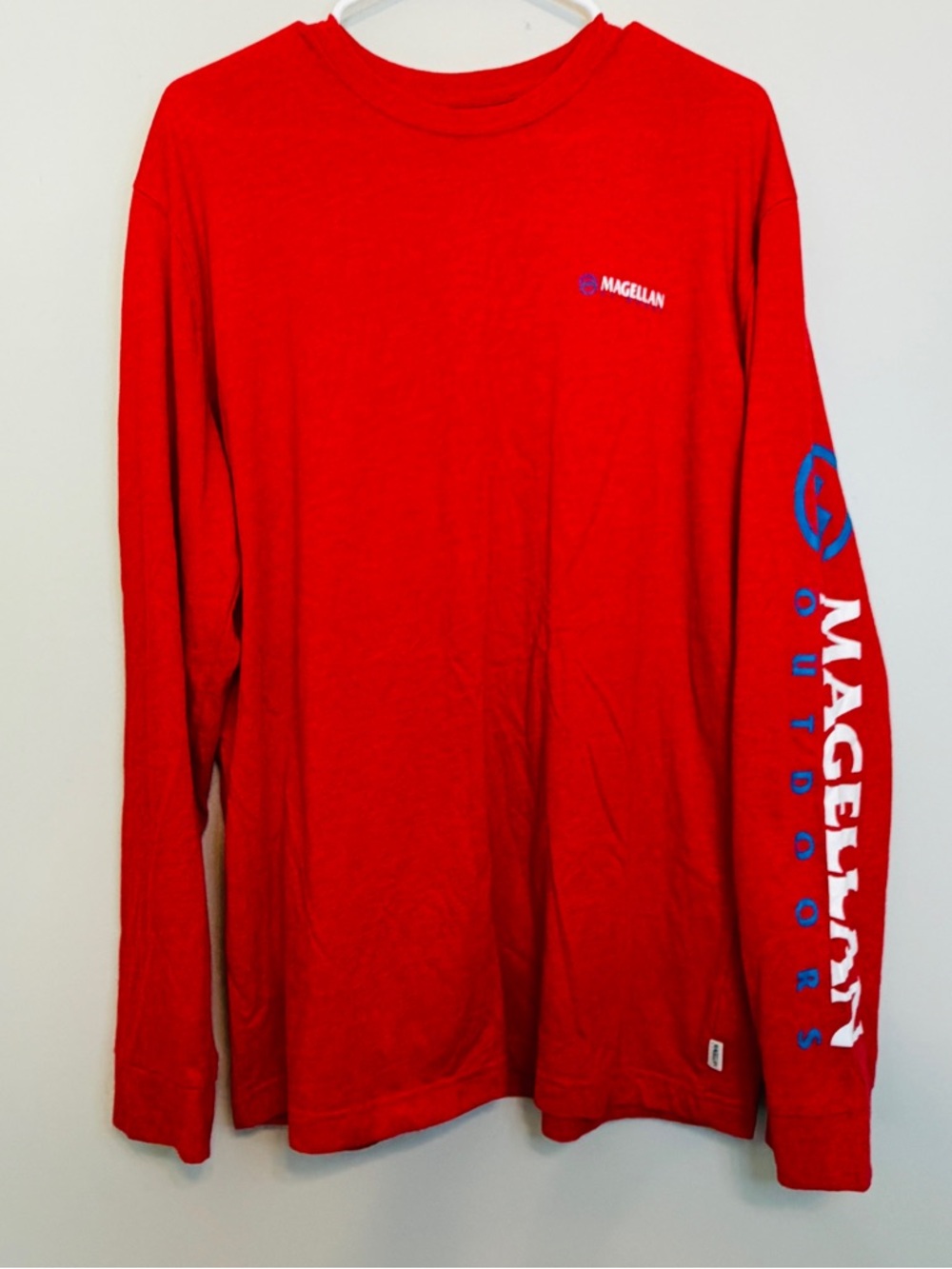 Magellan Outdoors Red Drifit material Long-Sleeve Crewneck with Blue Sleeve Logo